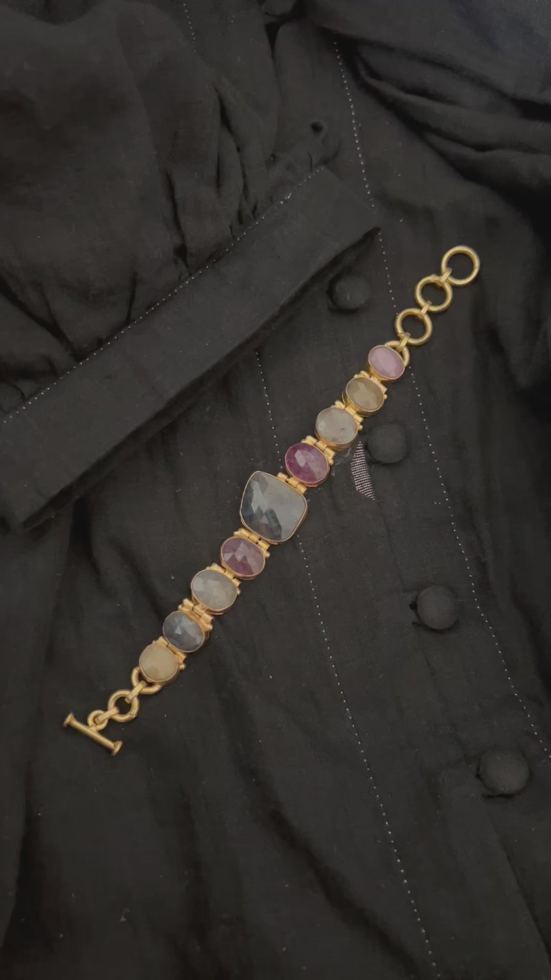 Multicolor Sapphire Stone Designer Brass Bracelet | Gold-Plated Statement Jewelry by SHIVKA