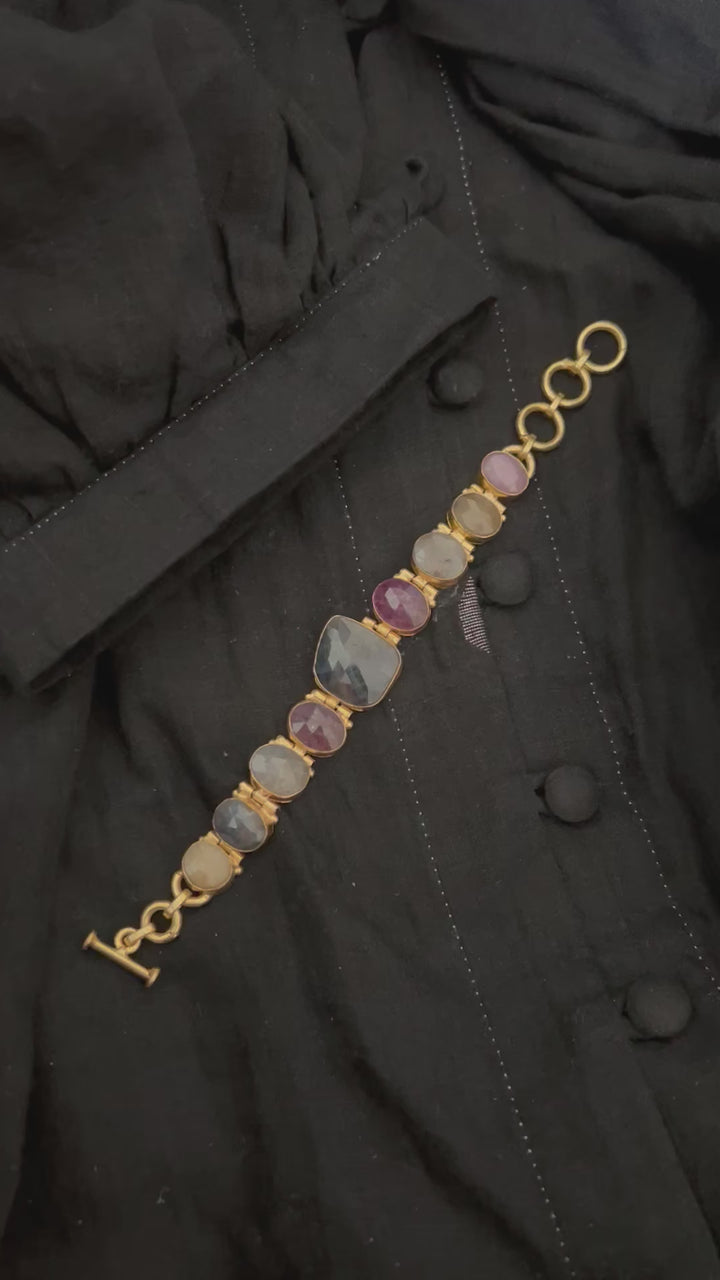 Multicolor Sapphire Stone Designer Brass Bracelet | Gold-Plated Statement Jewelry by SHIVKA
