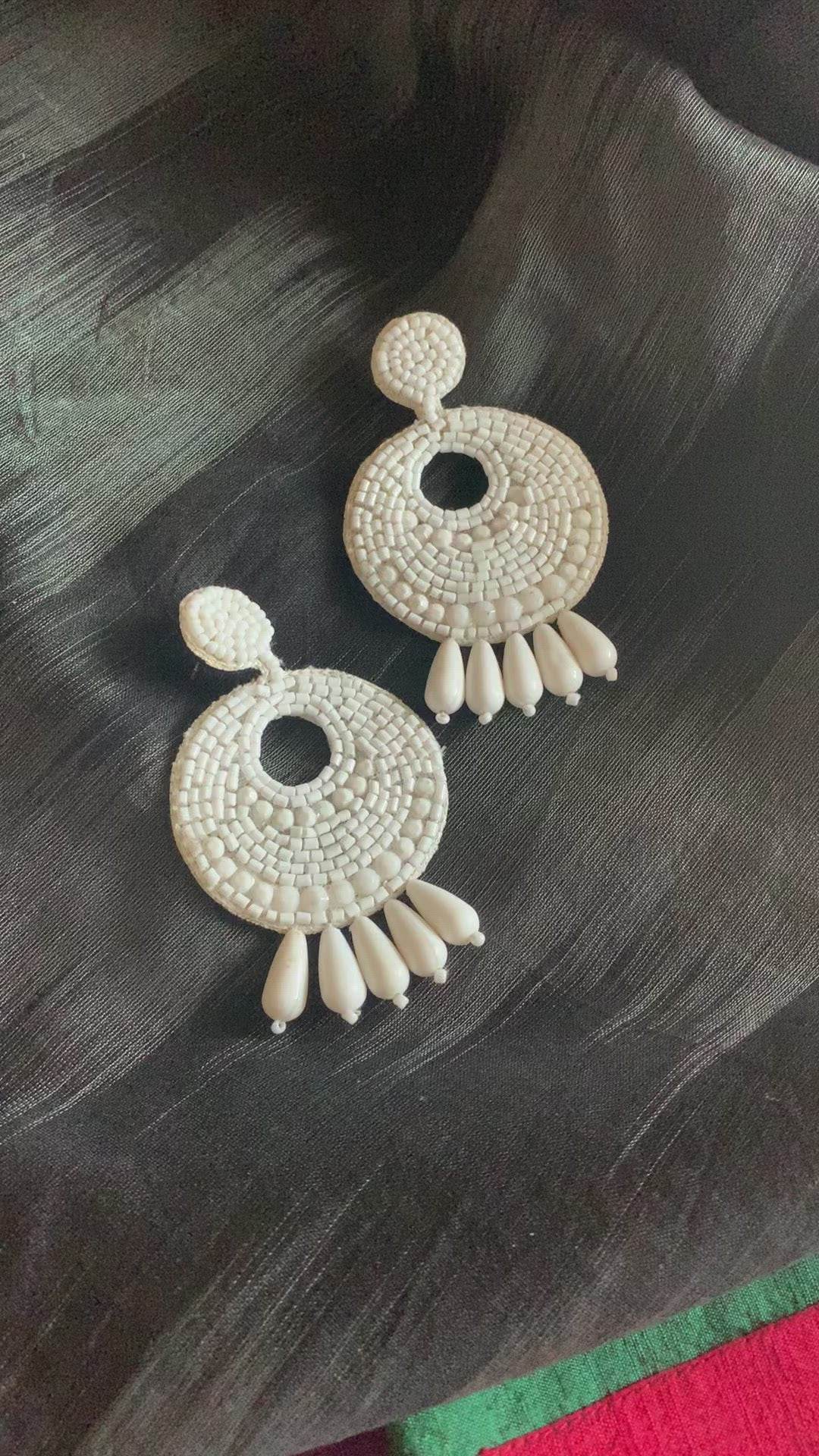 White Beaded Fabric Earrings