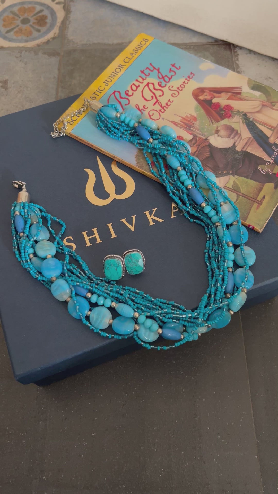 Blue Beaded Necklace with Turquoise Studs