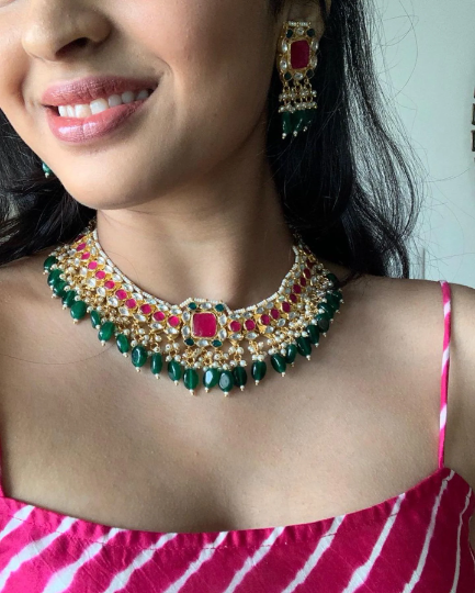 Pachi Kundan Wedding Collar Necklace with Earrings