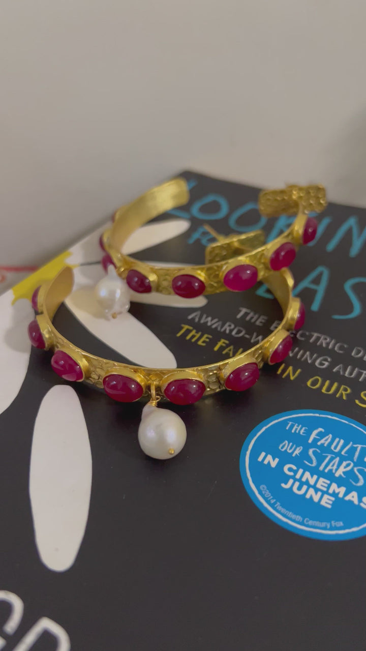 Natural Gemstones Pearl Drop Designer Hoops