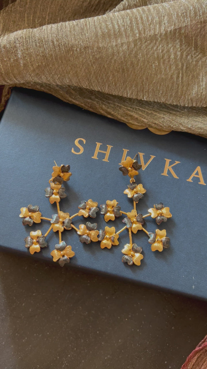 Asymmetric Flowered Wheel Design Earrings/ Dual Tone Earrings