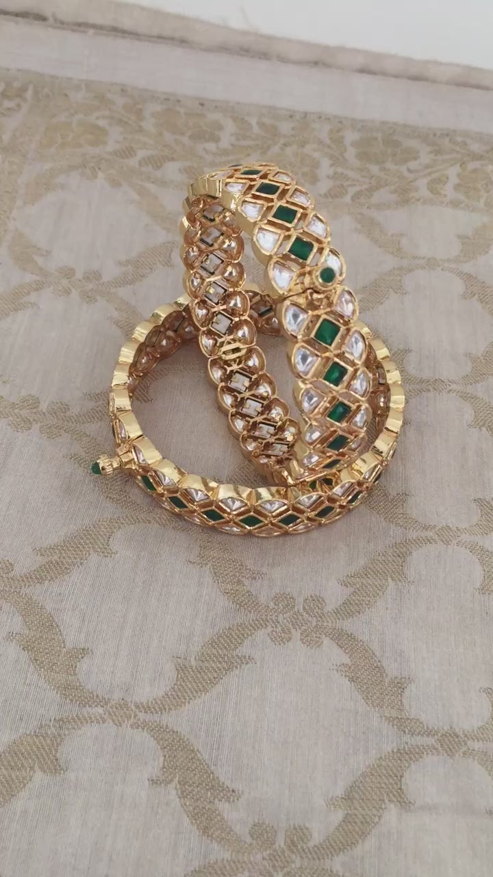 Classic Green Kundan Bangles - Set of 2