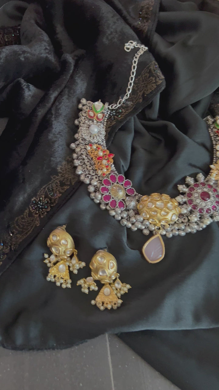 One of a Kind Designer Dual Tone Necklace with Kundan Earrings