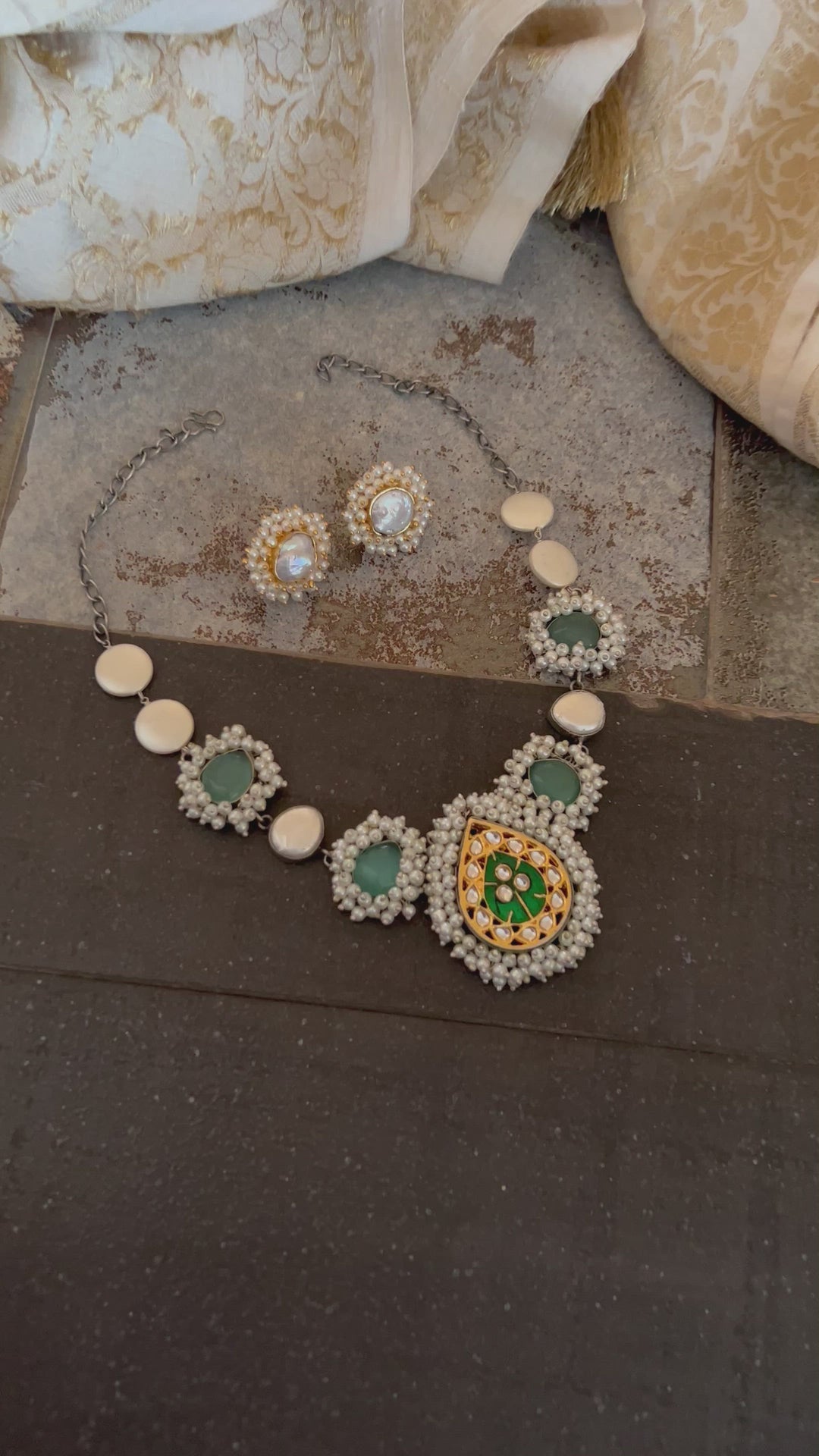 Statement Sea Green and Pearl Short Necklace with Baroque Studs