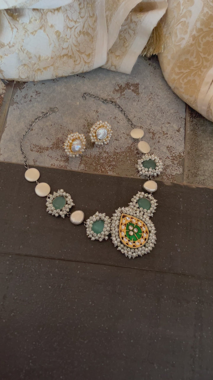 Statement Sea Green and Pearl Short Necklace with Baroque Studs