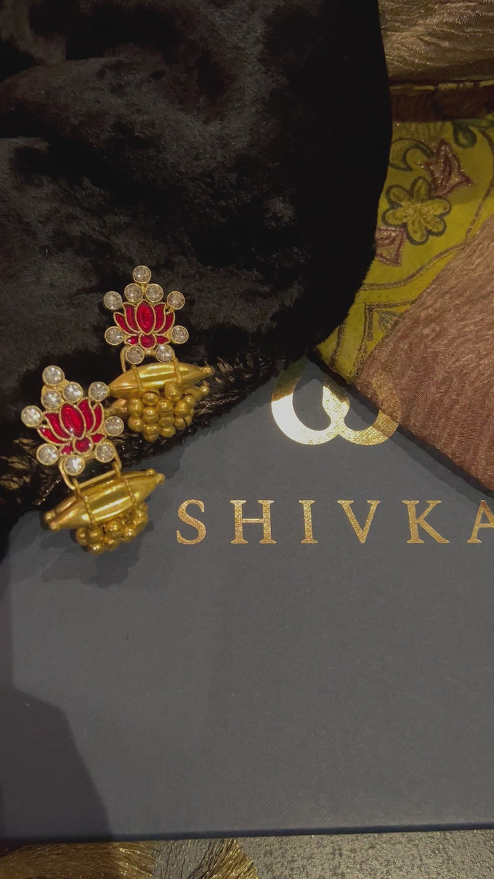 Faux Diamond Enameled Lotus Earrings