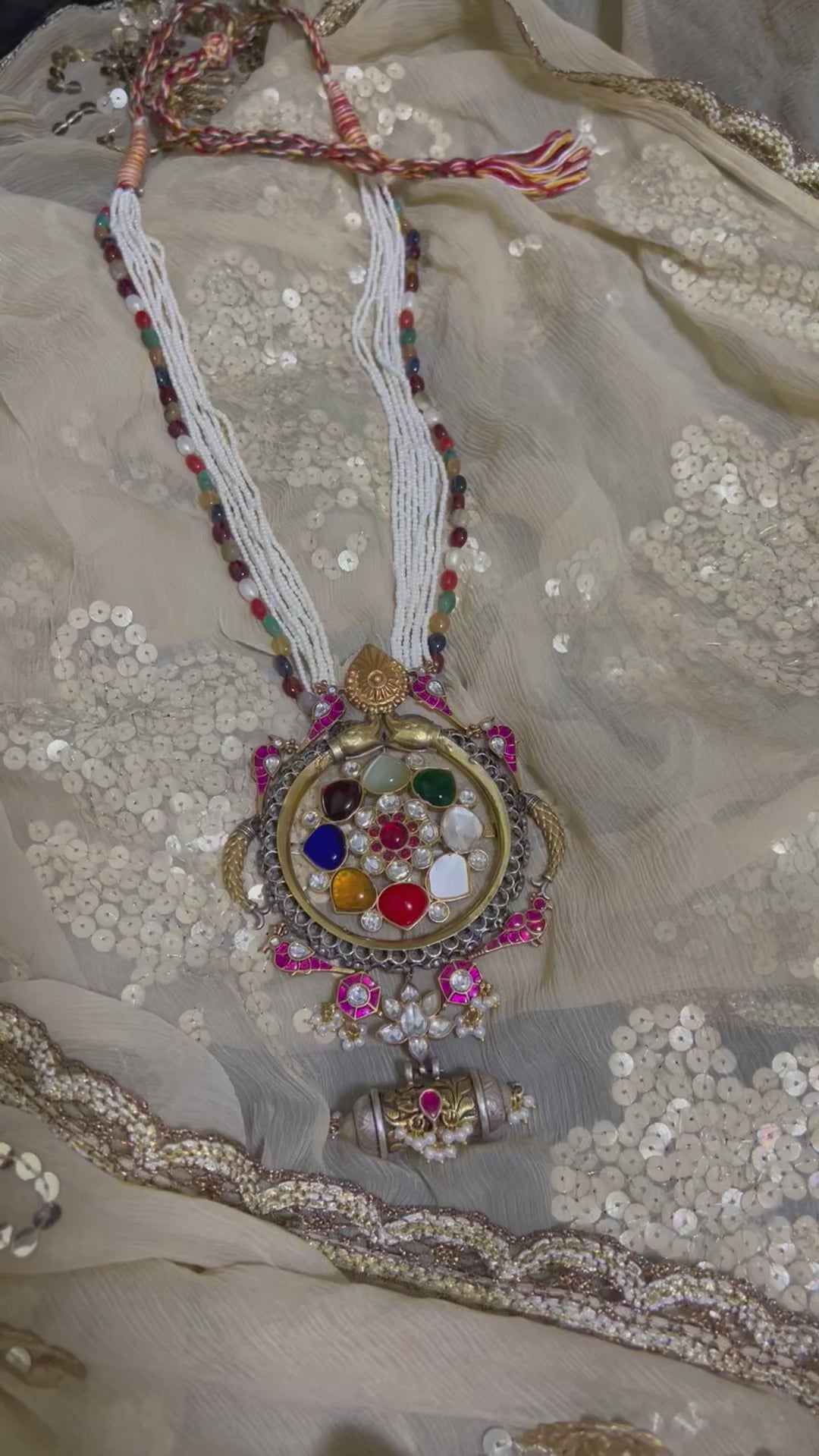 Pure Silver Real Navratna Beads Pendant Necklace