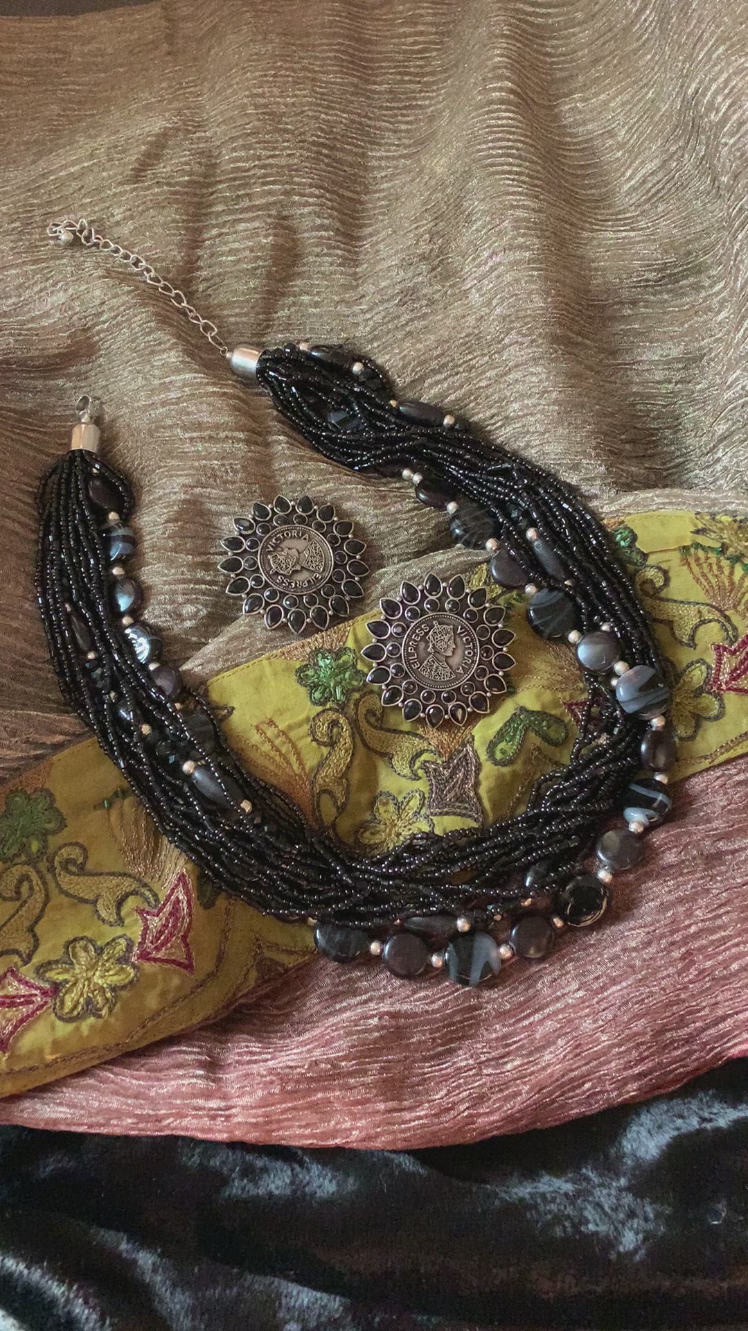 Black Beaded Necklace with Oversized Studs