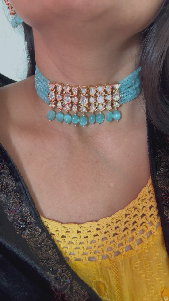 Elegant Sea Blue Kundan Choker with Studs