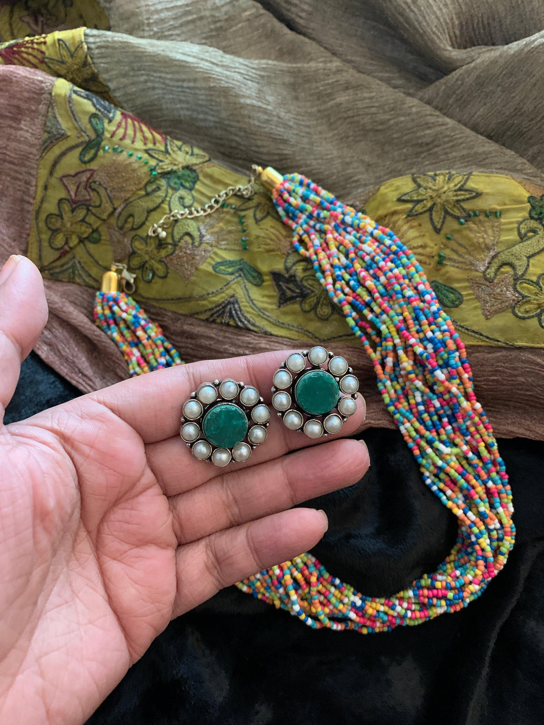 Multicoloured Statement Necklace with Gemstones Studs - SHIVKA