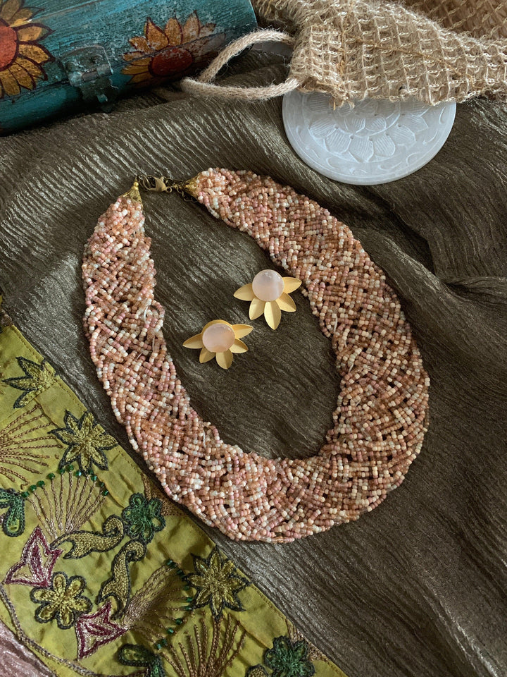 Statement Beaded Necklace with Gemstones Studs - SHIVKA