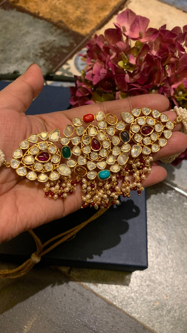 Scintillating Navratna Kundan Choker with Earrings - SHIVKA
