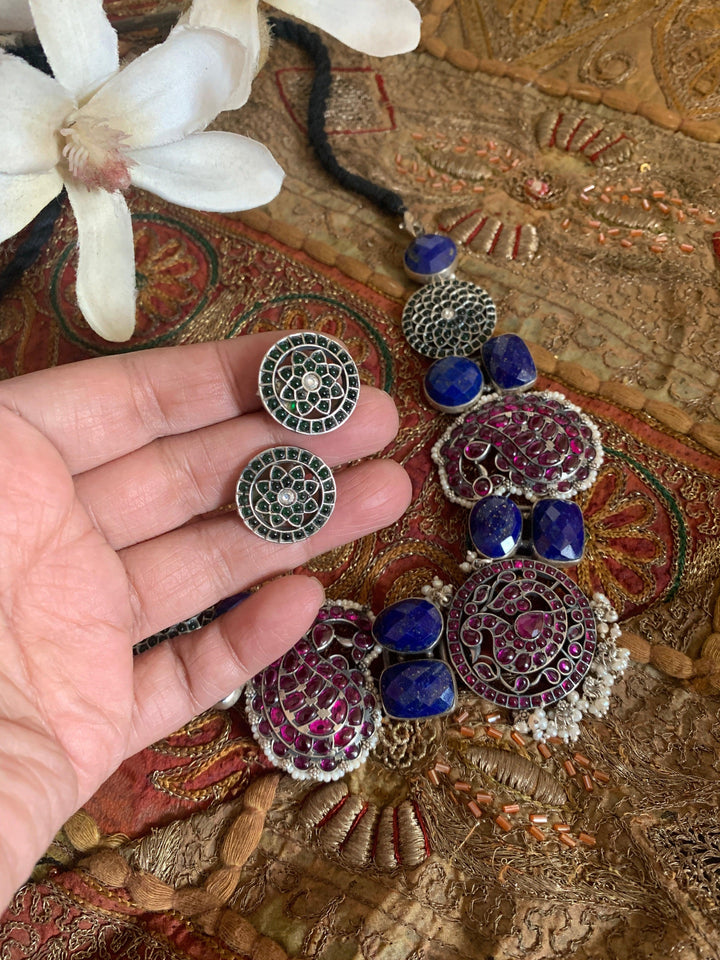 Pure 925 Silver Lapis Lazuli Kemp Necklace with Studs - SHIVKA