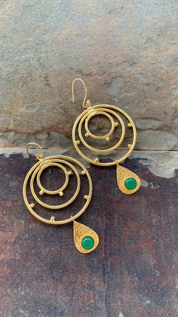 Statement Green and Gold Hoop Danglers - SHIVKA