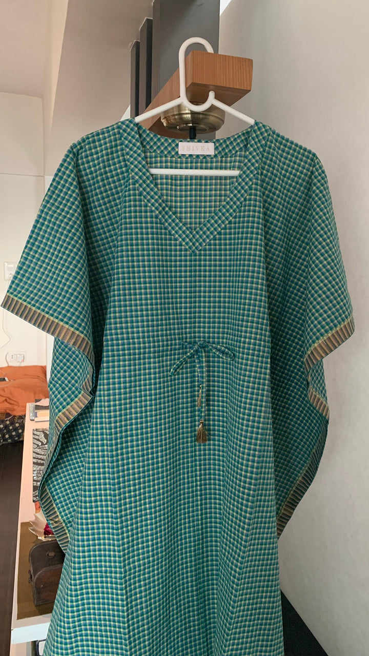 Green Checkered Cotton Kaftan - SHIVKA