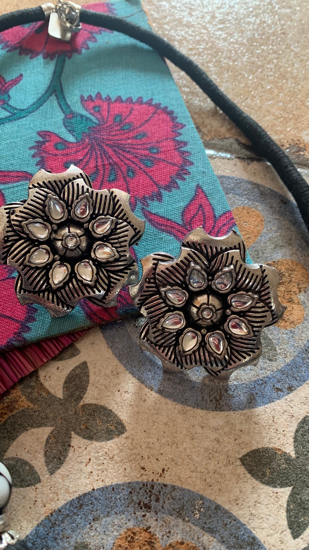 Black and Silver Beaded Necklace with Statement Studs