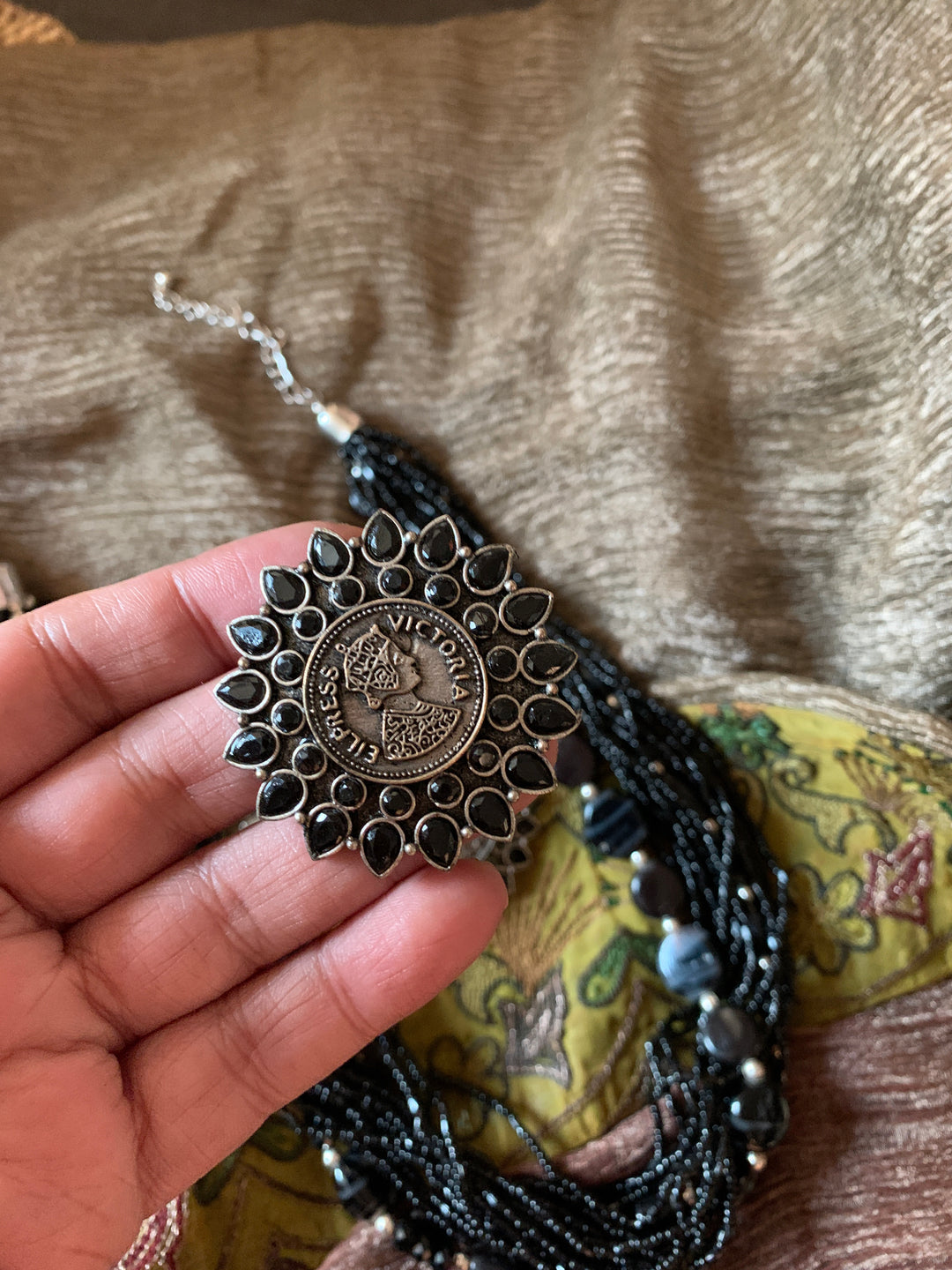 Black Beaded Necklace with Oversized Studs