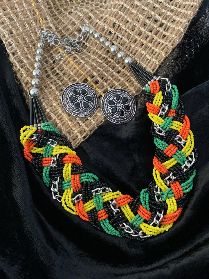 Multicoloured Beaded Necklace with Studs - SHIVKA