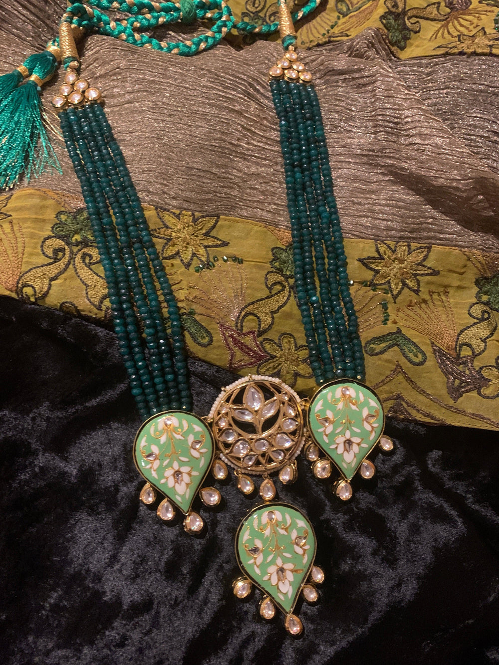 Three-Drop Green Beaded Necklace with Kundan Jhumki Earrings - SHIVKA