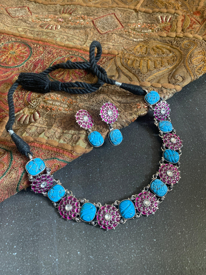 Pure 925 Silver Turquoise Kemp Necklace with Earrings - SHIVKA