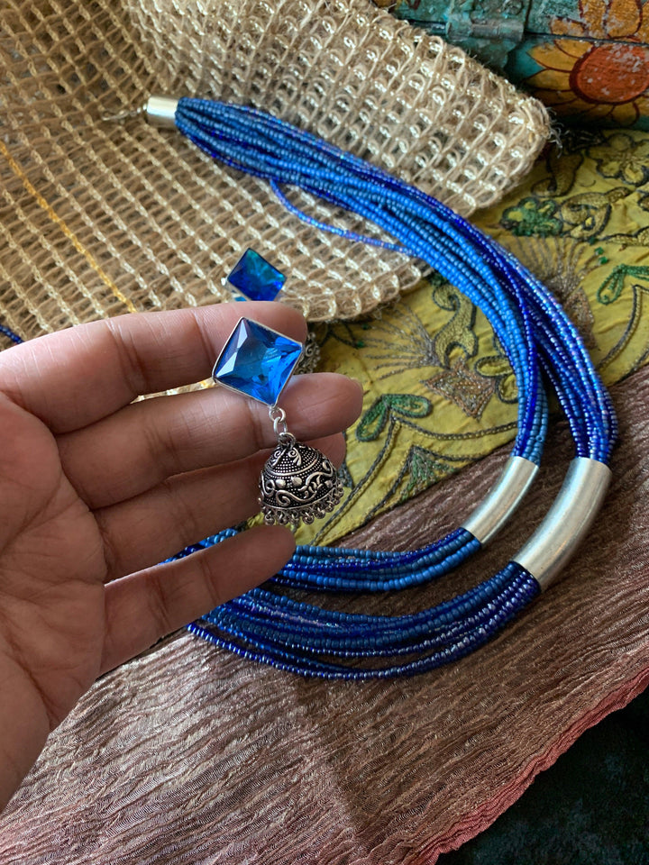 Royal Blue Ethnic Necklace with Antique Jhumkis - SHIVKA