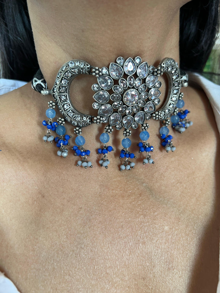 Vintage Zirconia Choker with Flower Stud Earrings - SHIVKA