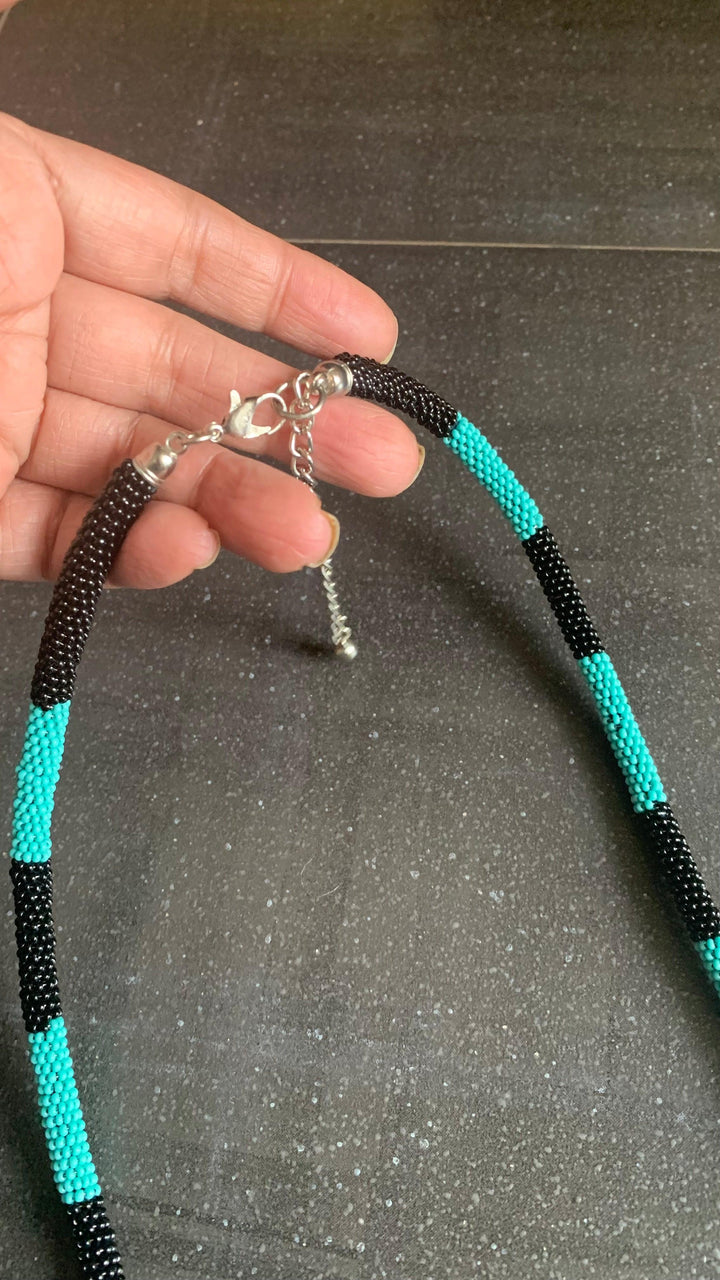 Turquoise and Black Tribal Pendant Long Necklace - SHIVKA