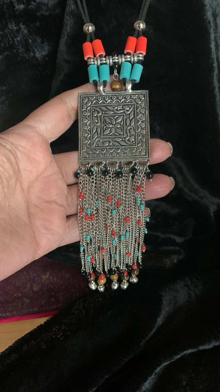 Coral and Turquoise Tasseled Pendant Necklace