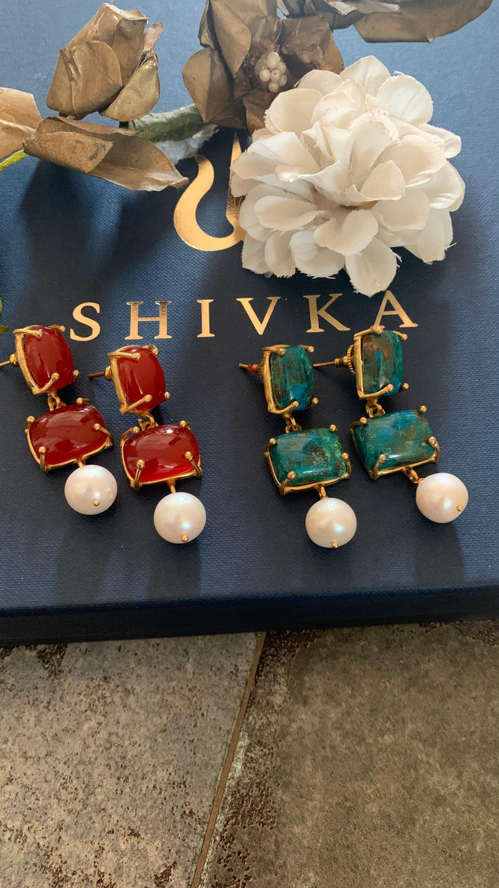 Trendy Pearl Drop Gemstone Earrings - SHIVKA