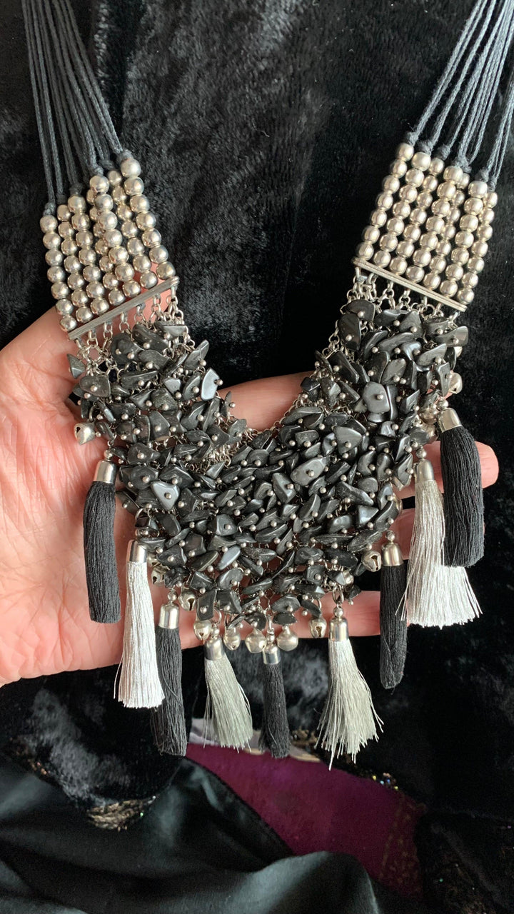 Silver and Black Designer beaded Necklace - SHIVKA