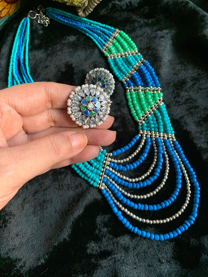 Statement Beaded Necklace with Enamelled Studs - SHIVKA