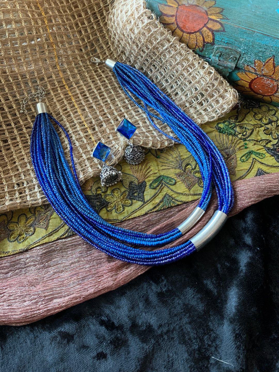 Royal Blue Ethnic Necklace with Antique Jhumkis - SHIVKA