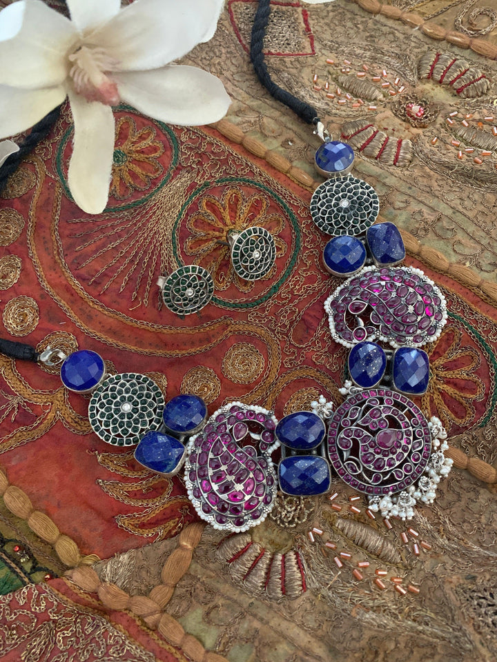 Pure 925 Silver Lapis Lazuli Kemp Necklace with Studs - SHIVKA