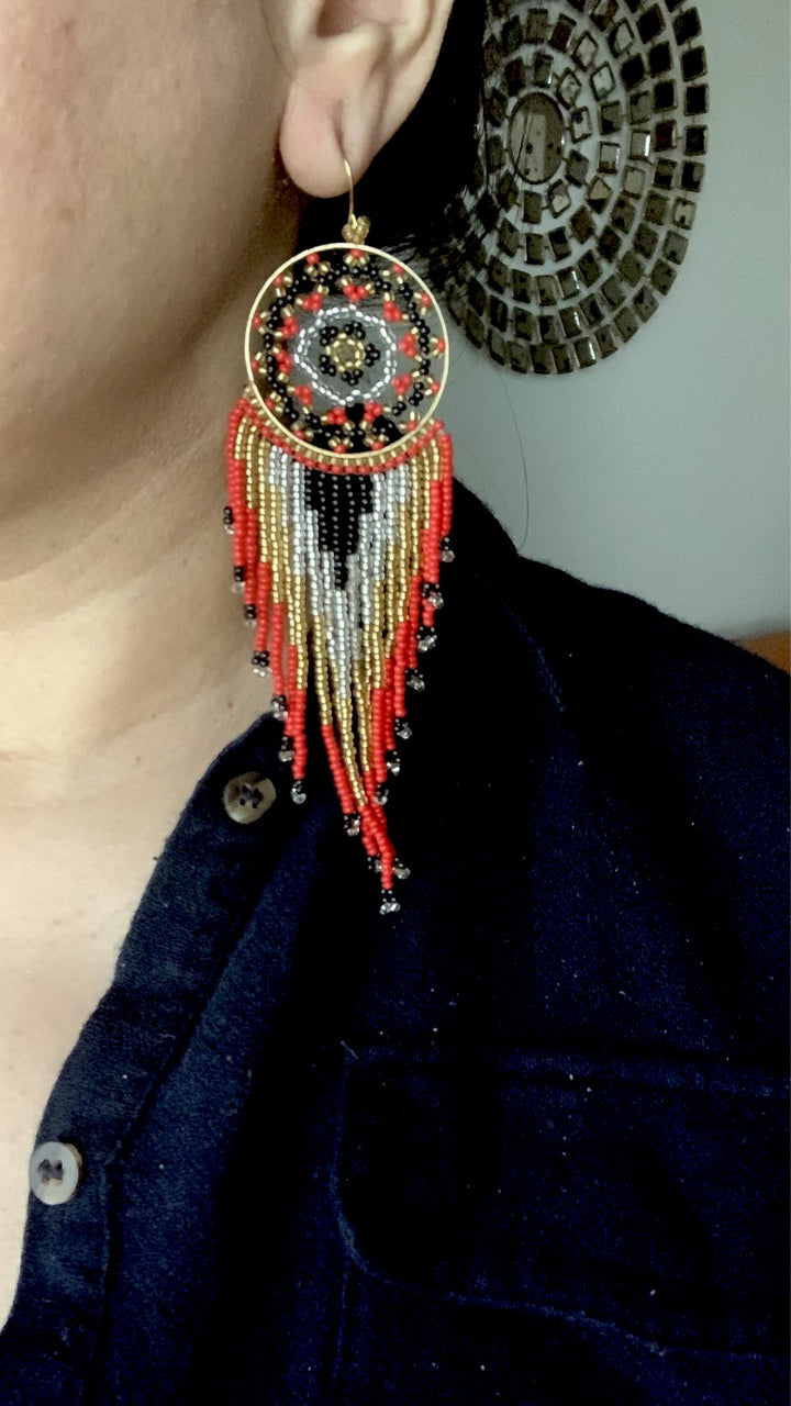 Coral and Black Beads Long Danglers