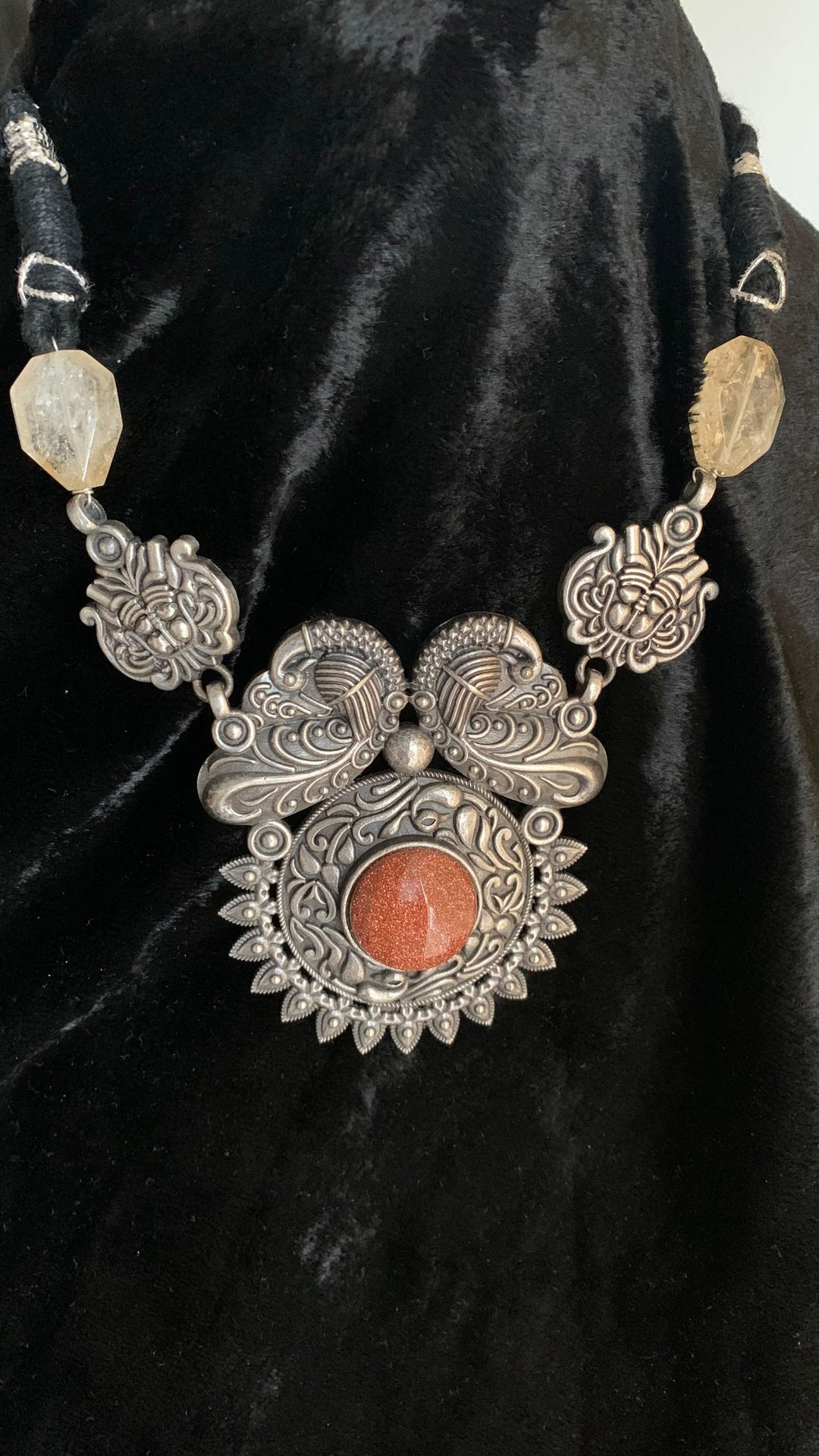 Vintage Carved Pendant Necklace with Studs - SHIVKA