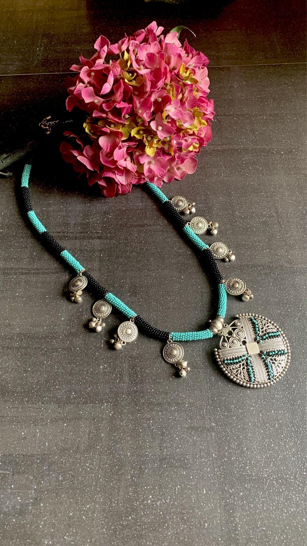 Turquoise and Black Tribal Pendant Long Necklace - SHIVKA