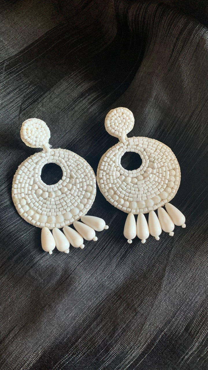 White Beaded Fabric Earrings - SHIVKA