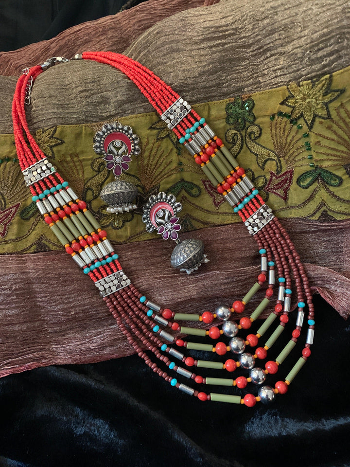 Trendy Coral Necklace with Enamelled Dome Jhumkas - SHIVKA