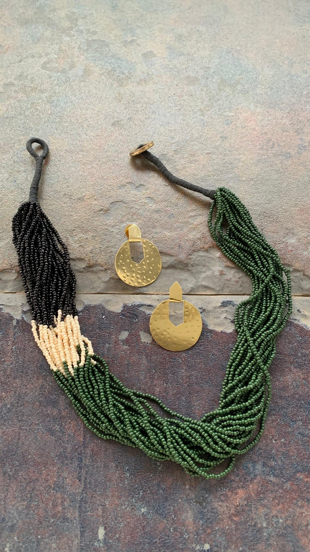 Stylish Green and Black Beaded Necklace with Statement Disc Studs - SHIVKA
