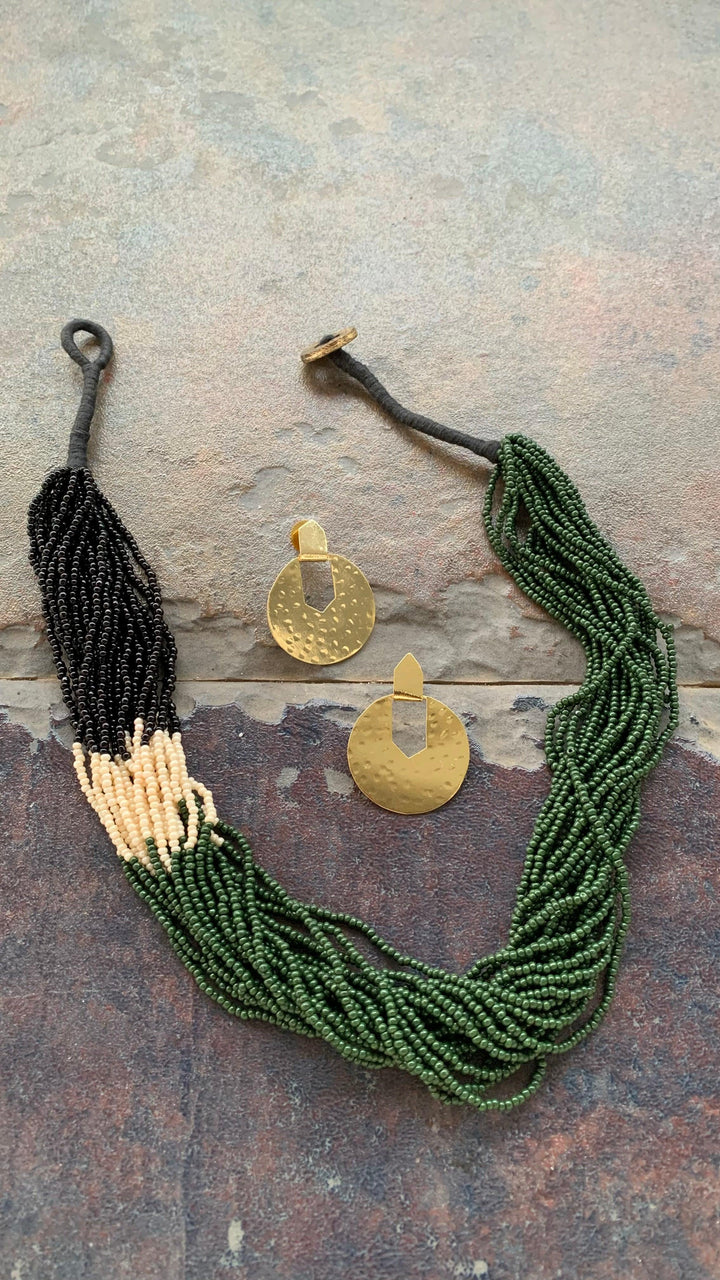 Stylish Green and Black Beaded Necklace with Statement Disc Studs - SHIVKA