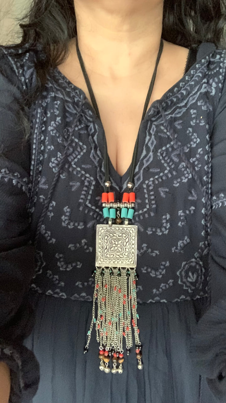 Coral and Turquoise Tasseled Pendant Necklace