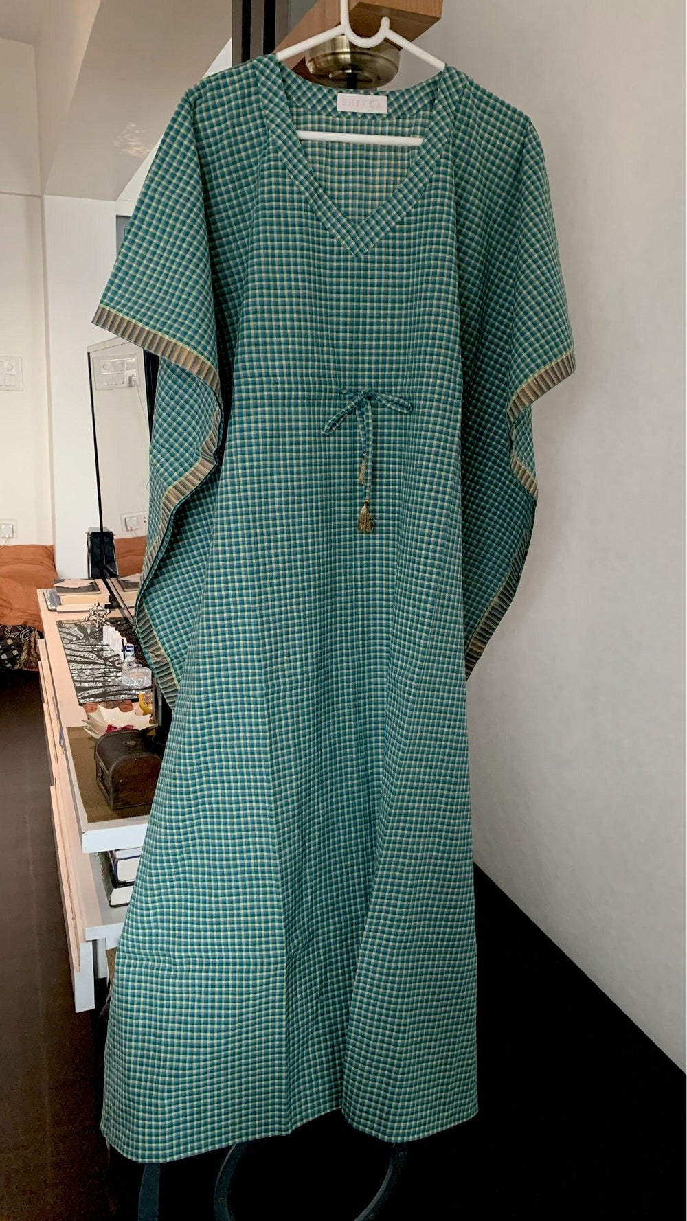 Green Checkered Cotton Kaftan - SHIVKA