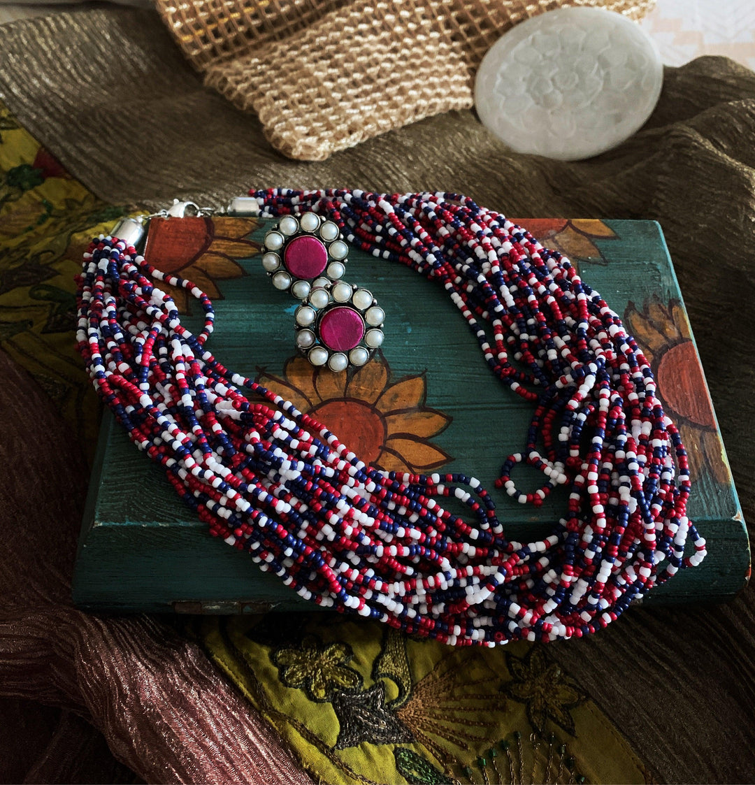 Statement Multicoloured Necklace with Gemstones Studs - SHIVKA