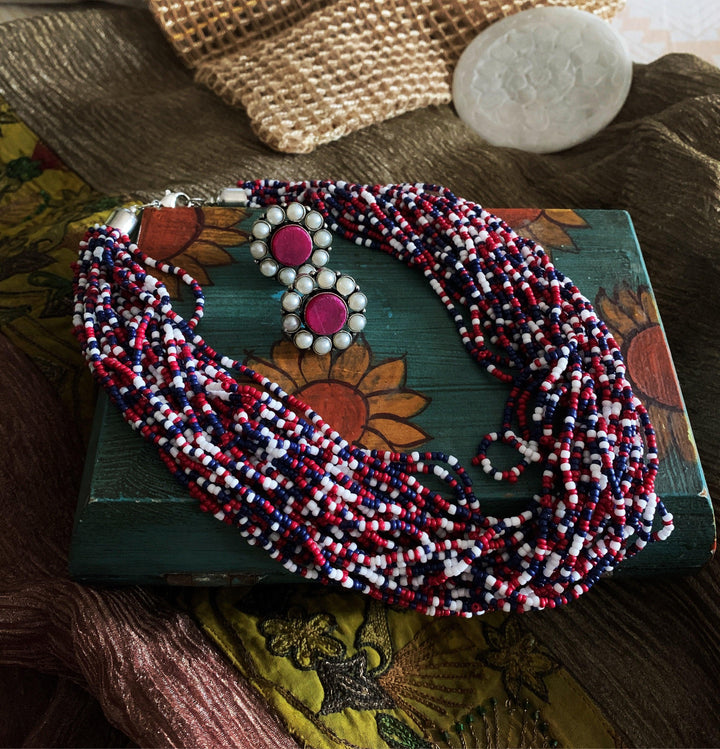 Statement Multicoloured Necklace with Gemstones Studs - SHIVKA
