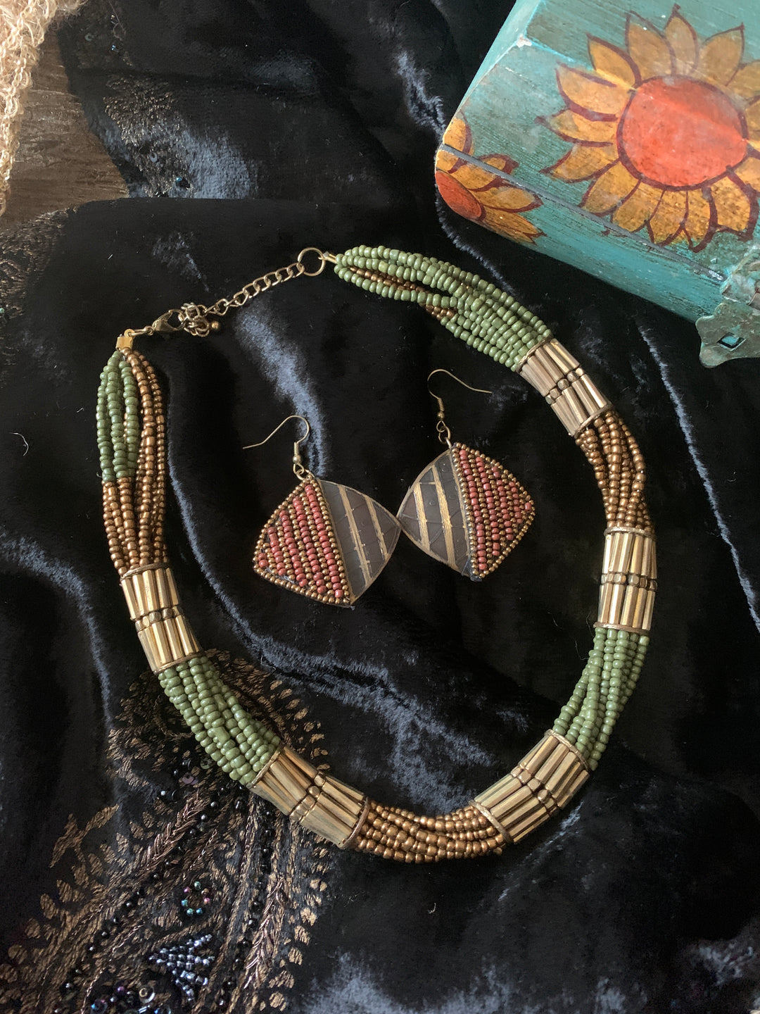 Antique Gold and Green Beaded Necklace with Earrings