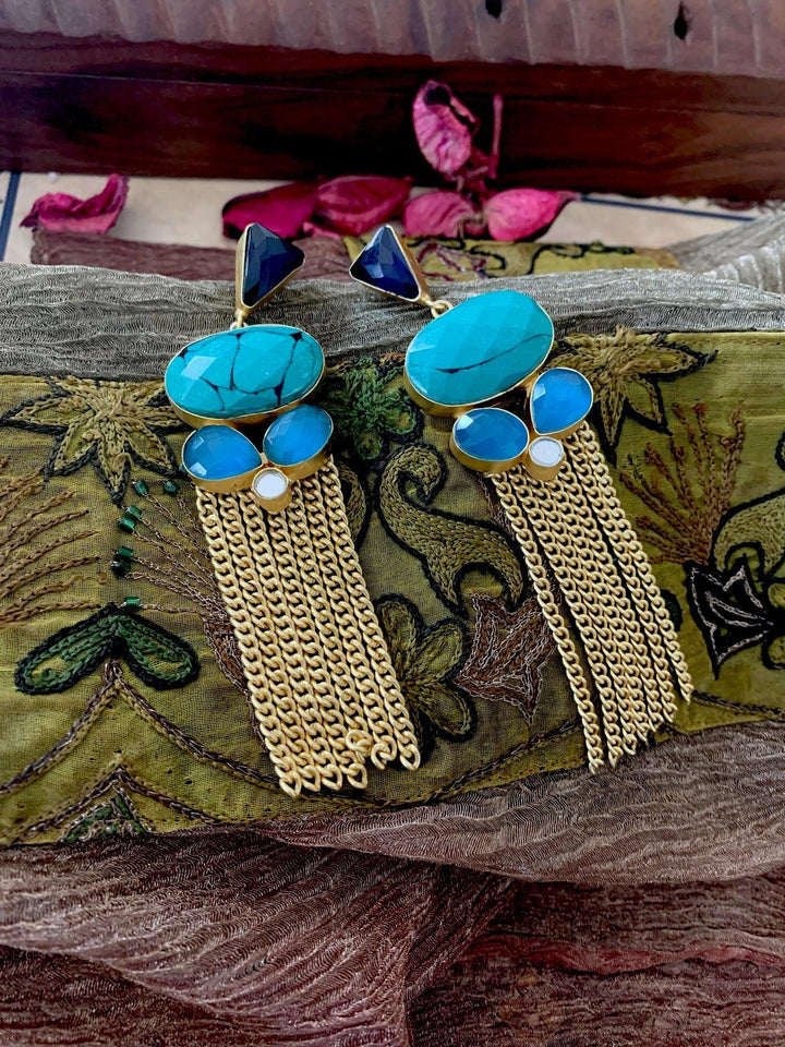 Turquoise Tasseled Danglers - SHIVKA