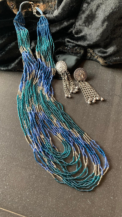 Maharani Blue Beaded Necklace with Statement Peacock Earrings - SHIVKA