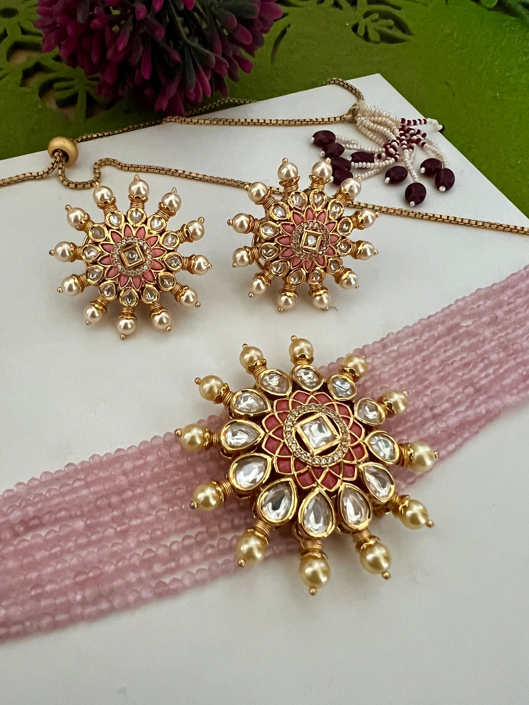 Beautiful Pink Kundan Choker with Studs